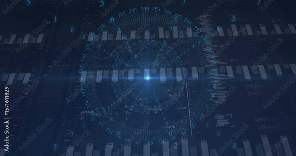 Poster central light pulsing starting dial rotating, bars growing and line graph forming for data view