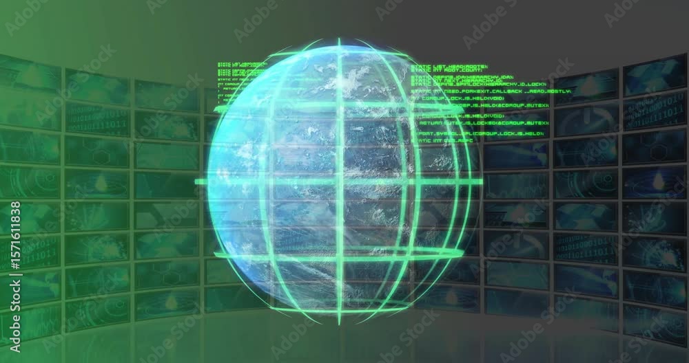 Poster holographic globe appearing and rotating while code overlays scrolling to visualize real time data