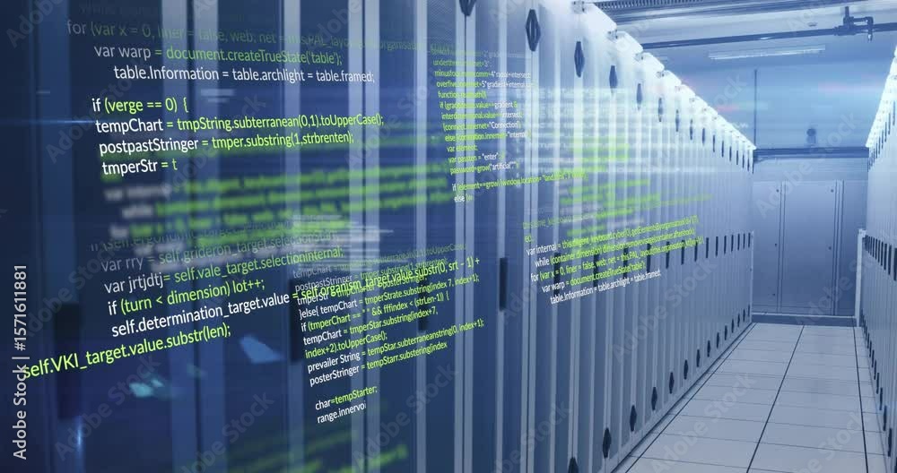 Poster static server racks causing semi-transparent code streams scrolling to show intense data processing
