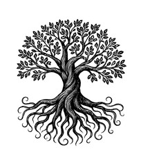 Detailed Black and White Engraving of a Tree of Life with Roots and Branches