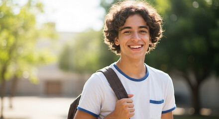 Smiling male teenager in front of school with backpack on his back
