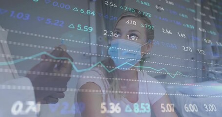 Doctor filling syringe and injecting seated patient for immunization while financial data scrolling - Powered by Adobe