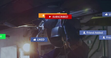 Automotive welder aligning torch beneath car igniting arc spawning subscribe, like alerts cascading - Powered by Adobe