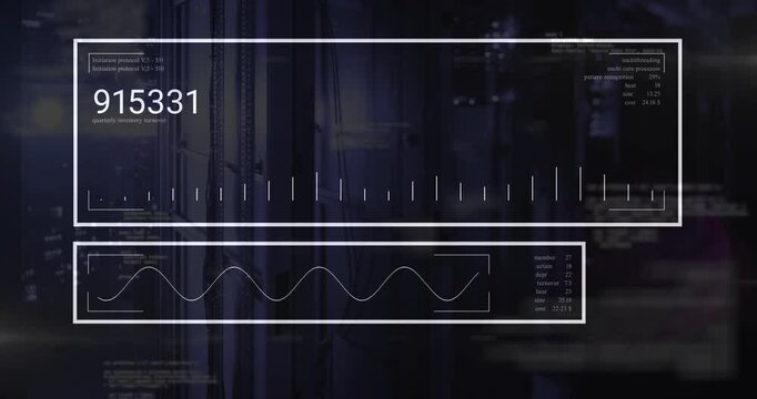 GUI panels appearing over server racks and updating metrics animating bar graphs then clearing