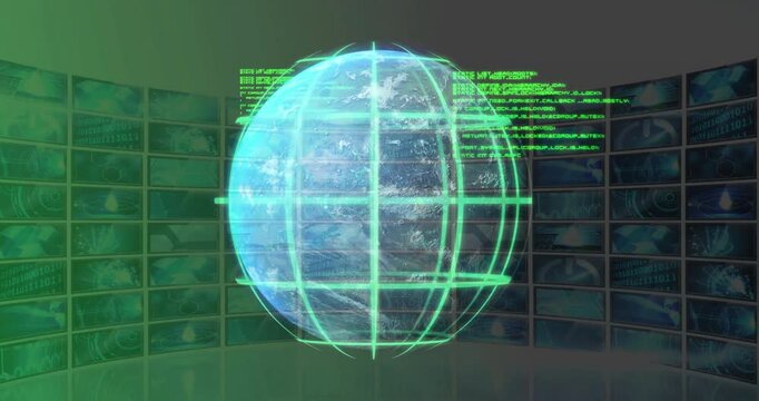 Holographic globe appearing and rotating while code overlays scrolling to visualize real time data