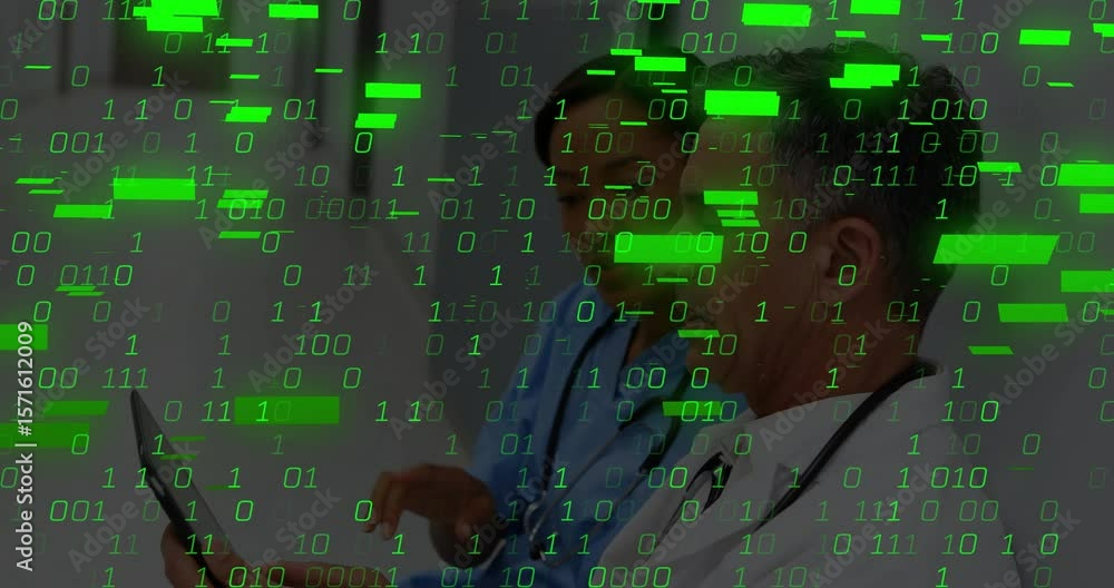 Poster nurse tapping tablet and doctor discussing health data with green binary stream intensifying