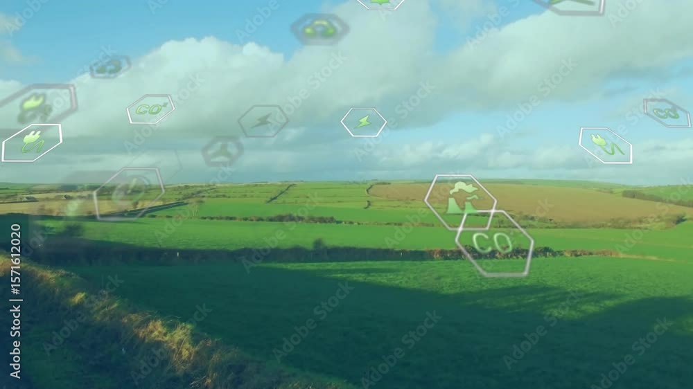 Poster translucent hexagon appearing above fields starting icons drifting and fading showing energy flow
