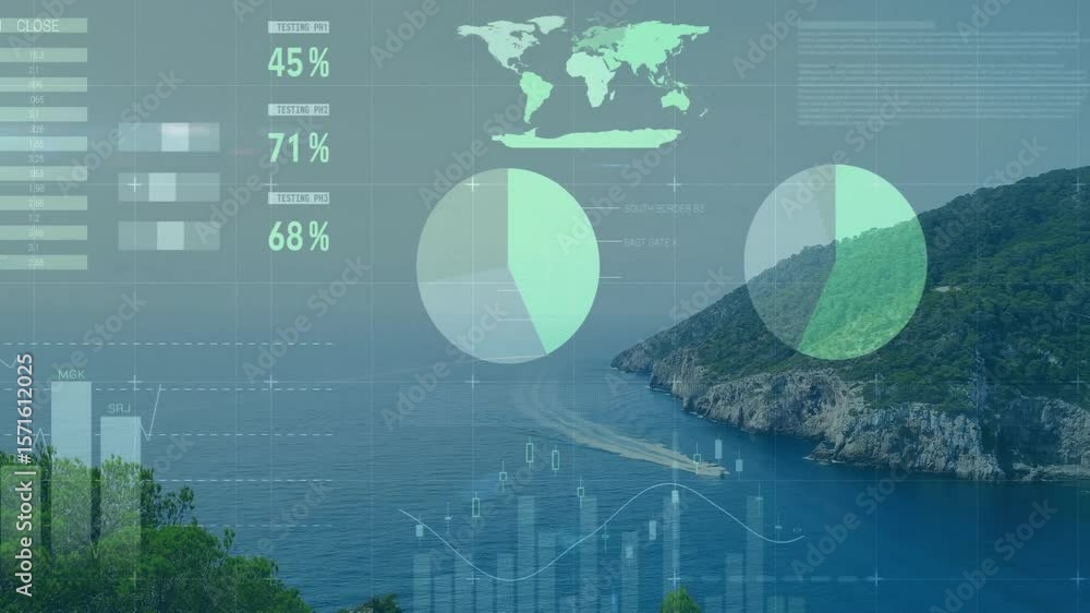 Poster ui fading in as speedboat cutting through water while gauges and charts animating for analytics