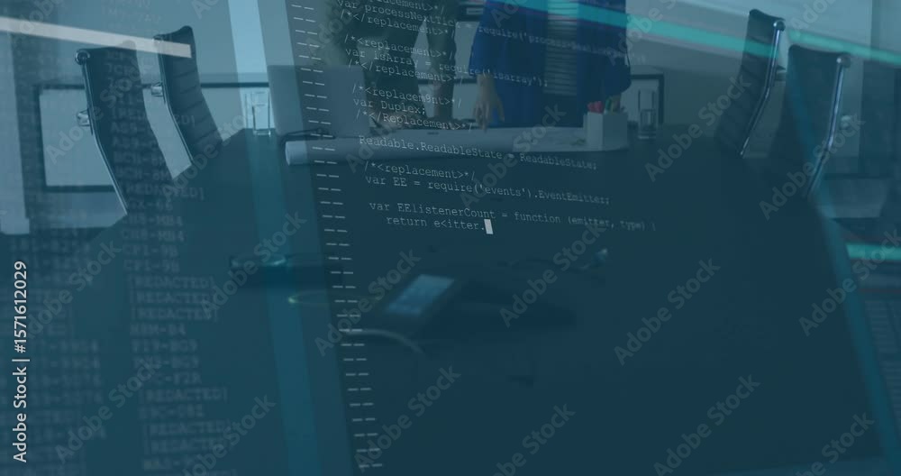 Poster initializing code overlay revealing man and woman unrolling blueprint for technology design review