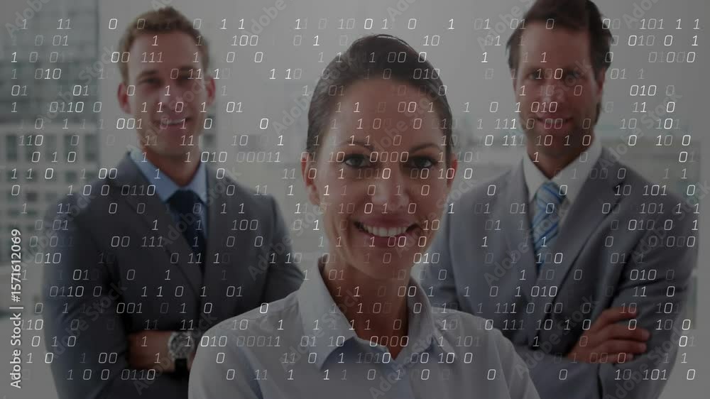 Aufkleber binary digits densely streaming over team holding stance showing digital transformation in office