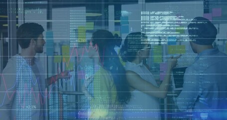 Man gesturing guiding team adjusting notes, sketching, analyzing metrics with animated charts - Powered by Adobe