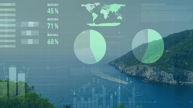UI fading in as speedboat cutting through water while gauges and charts animating for analytics