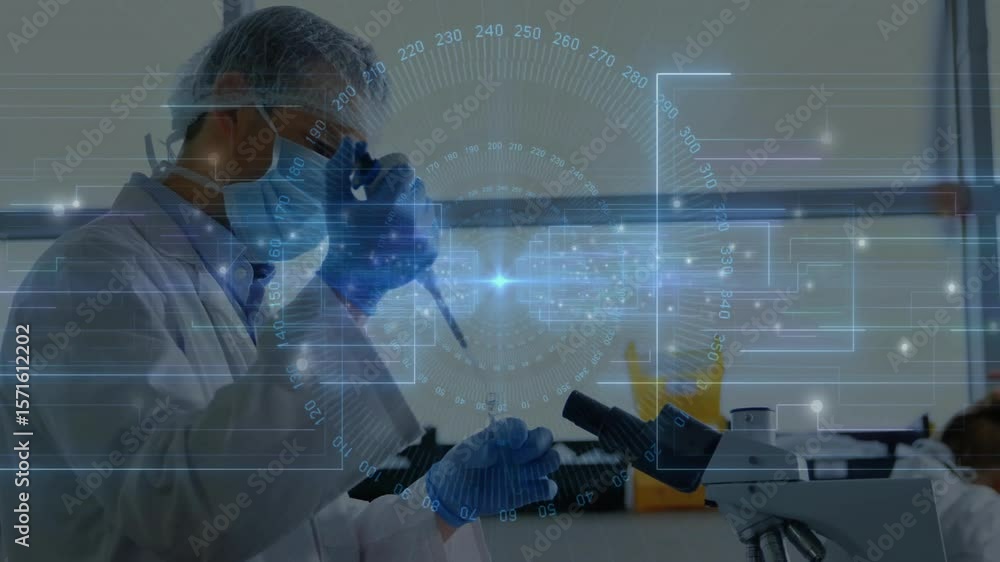 Poster scientist after inspecting vial using pipette aspirating then focusing scope under hud for research
