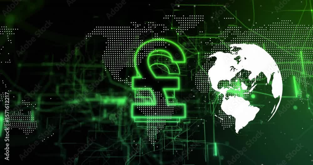 Poster after network grid map animating circuitry pound symbol forming as 3d globe rotating for finance
