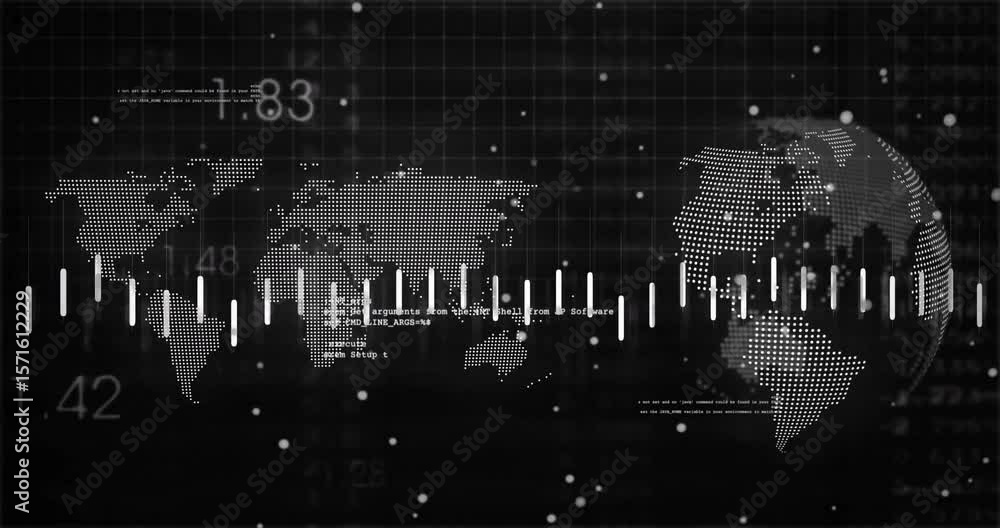 Poster on code flickering, dotted map and globe animating data bars and polyline tracing trends