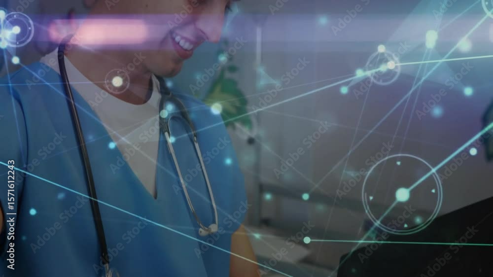 Poster medical worker displaying chart while network graph animating noting then scanning page and smiling
