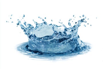 Rounded splash of clear blue water isolated on white background, capturing the dynamic movement of droplets and waves in an artistic composition