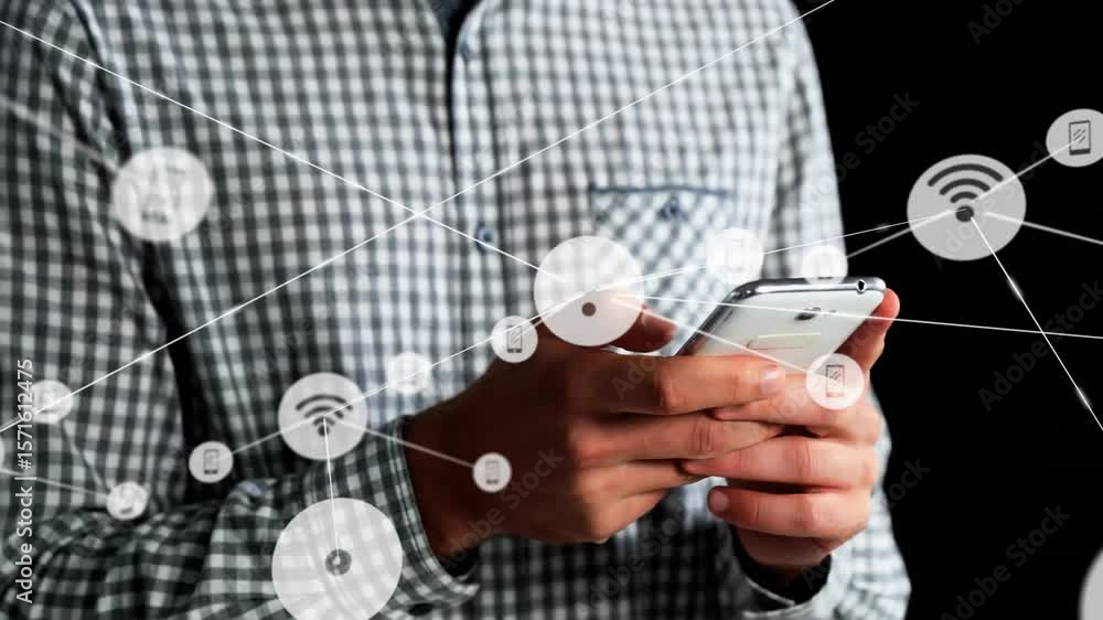 Poster man holding smartphone activating tech nodes fanning out on backdrop demonstrating connectivity
