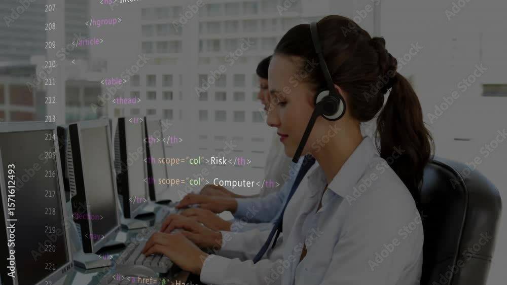 Poster call-center agents receiving calls typing and speaking as code overlay updating cyber security tags