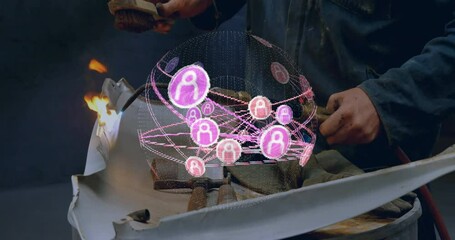 High-tech metalworker igniting blowtorch, heating panel edge, scrubbing seam while hologram pulsing - Powered by Adobe