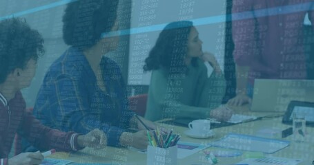 Presenter entering business meeting, team viewing charts with animated data showing growth - Powered by Adobe