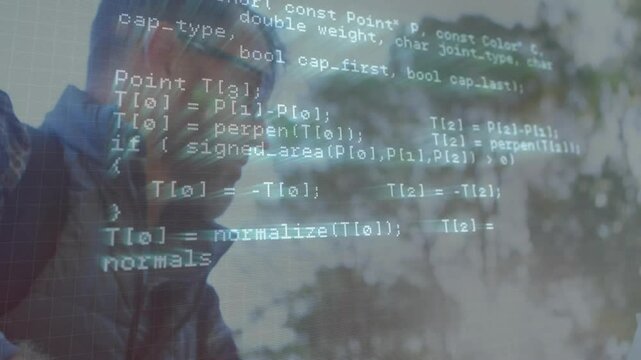 Senior man tapping smartphone in park, reviewing code with animated HTTP routines scrolling upward