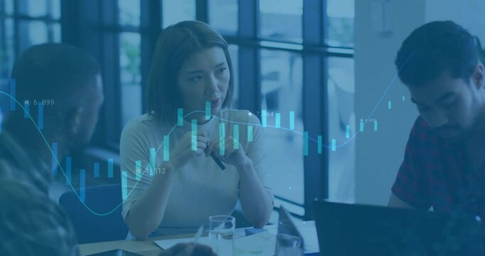 When animated chart overlay appears business analyst tracing chart bars with pen to illustrate data