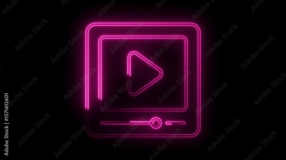Poster neon pink video player interface with play button and progress bar on black background