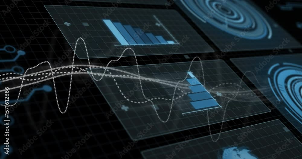 Poster opening grid panels showing waveforms weaving through bar chart flipping visualizing data trends