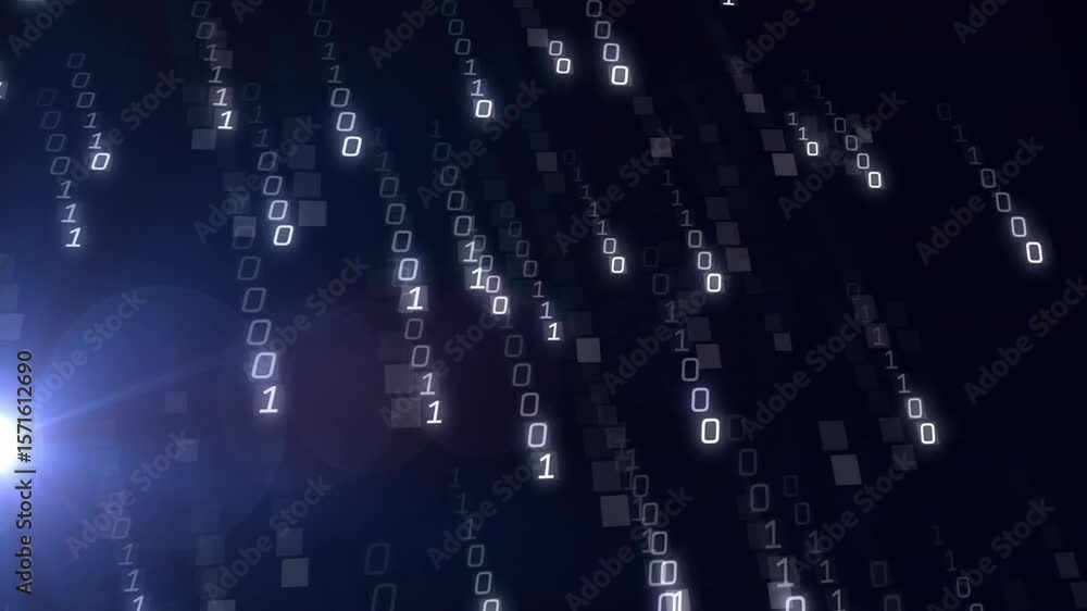 Poster blue-white flare initiating binary digits drifting forming streams showing data flow