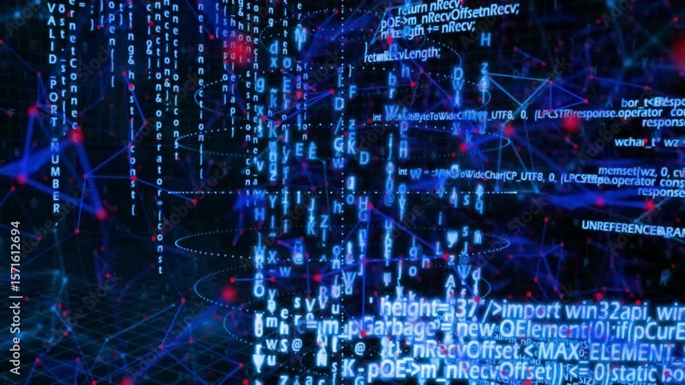 Poster neon-blue grid activating rings materializing, nodes linking with cascading live code tapestry