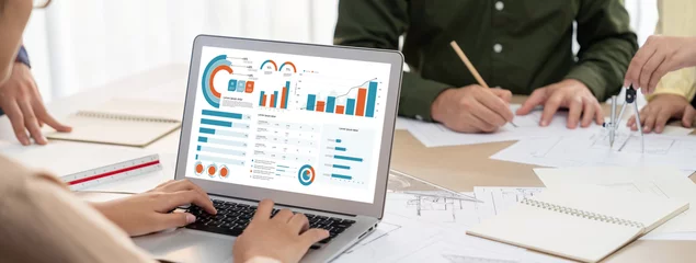 Fotobehang Business data dashboard provide business intelligence analytic for marketing strategy planning brisk with big data set to analyze customer demands and foreseeing business future © InfiniteFlow