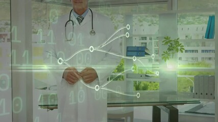 Doctor standing in clinic and initiating binary overlay expanding into glowing network data display - Powered by Adobe