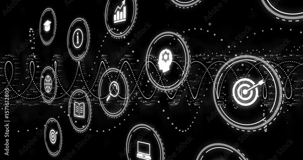 Poster opening on black background, icons gliding along pulsing waveform visualizing data progression