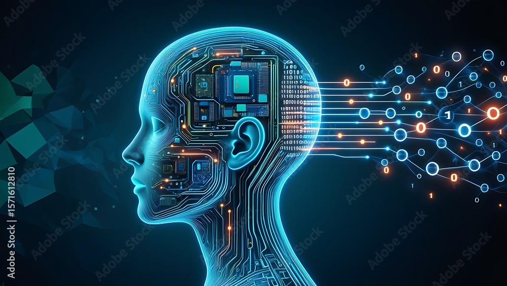 Poster abstract ai concept with neural network and futuristic human head, neural network with human brain a