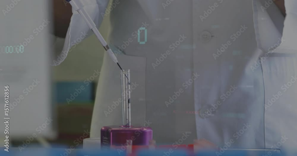 Poster lab tech adjusting pipette volume, aspirating reagent and dispensing into test tubes for analysis