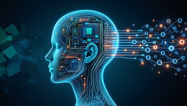 Abstract AI concept with neural network and futuristic human head, Neural network with human brain as digital technology and artificial intelligence concept