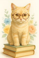 Wise Tabby Cat Wearing Glasses Among Flowers and Books