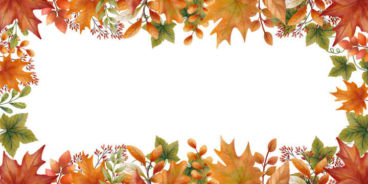 A rectangular frame made of autumn leaves and berries in warm seasonal tones. Created in delicate watercolor style, ideal for fall invitations, greeting cards, and seasonal decorations.