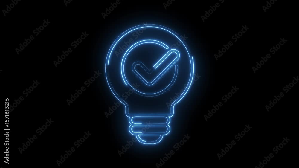 Poster neon lightbulb with check mark symbol animated on black background idea concept