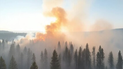 Wildfire Inferno: Witness the raw, untamed power of a wildfire raging across a sprawling evergreen forest, a poignant reminder of the destructive forces of nature.