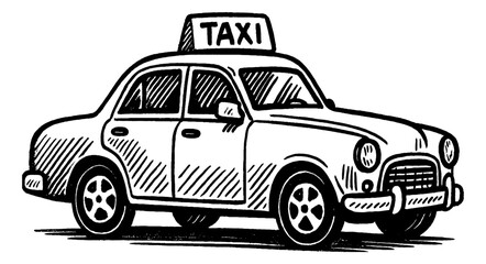 Illustration of a taxi cab in black and white detailed line drawing style on white background
