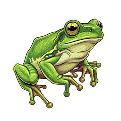 A vibrant illustration of a green frog with detailed features, isolated on a white background.