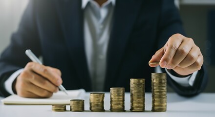 A businessperson in a suit places a coin on top of a stack of coins, creating a visual representation of growing wealth.