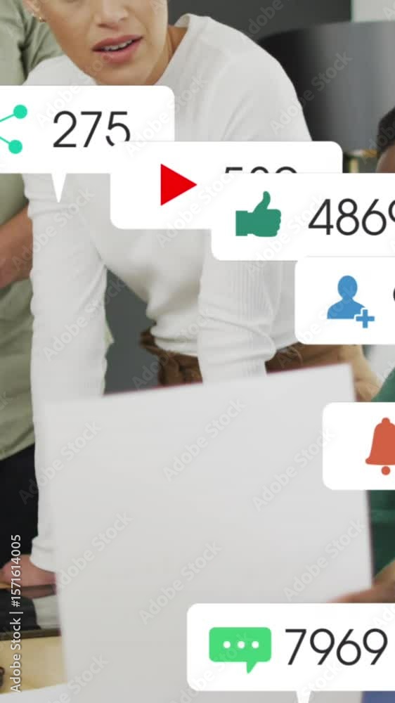 Poster animation of multiple notification bars over diverse coworkers discussing reports in office
