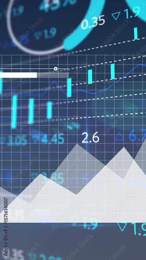 Poster animation of multiple graphs and trading board moving on black background