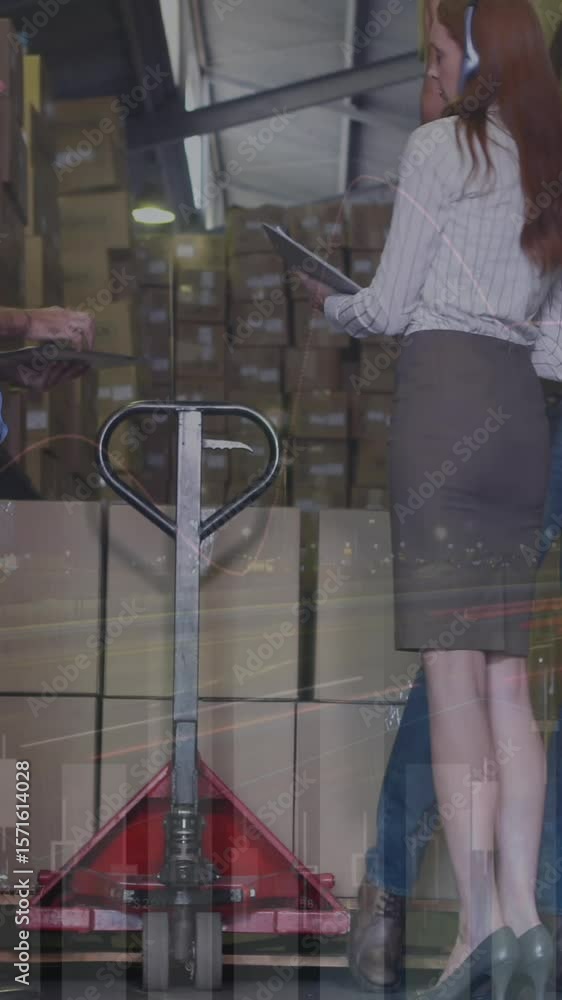 Poster animation of data processing over team of diverse supervisor and workers working at the warehouse