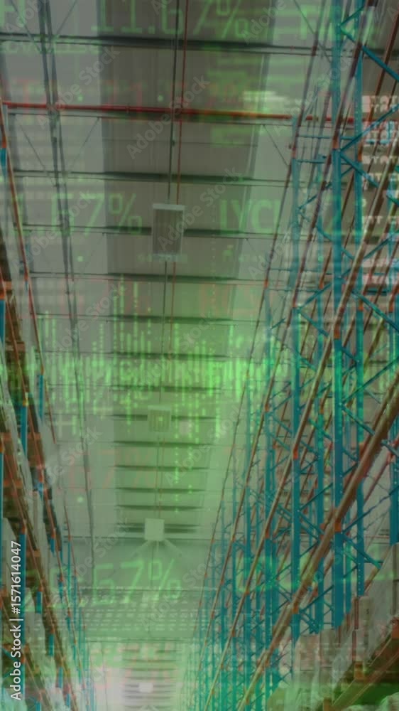 Poster animation of financial data processing over empty warehouse