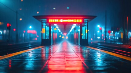 Neon-lit train station platform at night