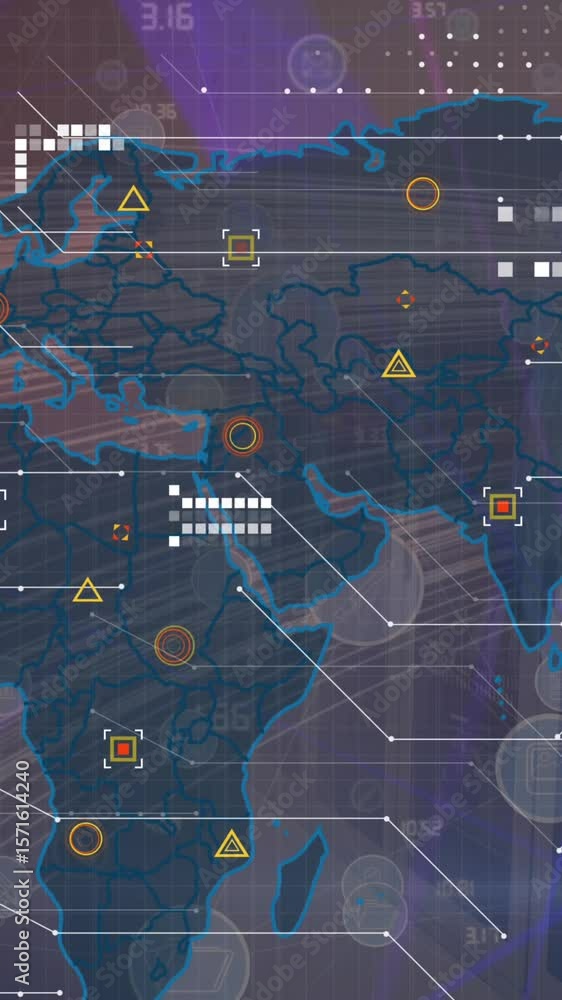 Poster Animation of world map with data processing over network of connections with icons